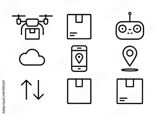 Drone delivery icons: remote control, package, cloud, gps, navigation symbols