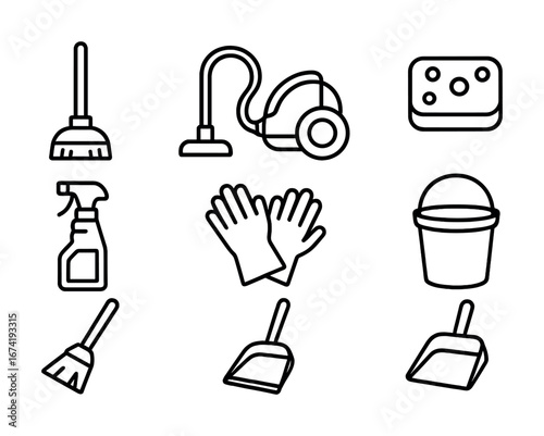 Set of cleaning tools icons: plunger, vacuum, sponge, spray bottle, gloves, bucket, broom, dustpan
