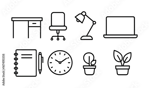 Minimalist office supplies icons set: desk, chair, lamp, laptop, notebook, clock, plants