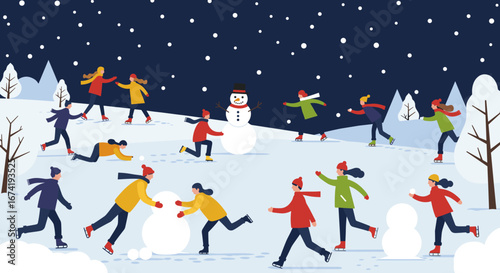 Diverse group of people enjoying a lively snowball fight and building a snowman on a snowy winter evening, surrounded by snow-covered trees and a starry sky