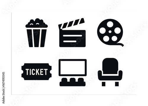 Cinema icons set: popcorn, clapperboard, film reel, ticket, screen, seat