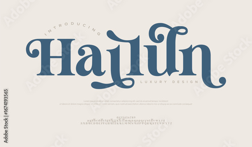 Hailun Luxury wedding alphabet logo font with tails. Minimal modern urban fonts for logo, brand etc. Typography typeface uppercase lowercase and number. vector illustration