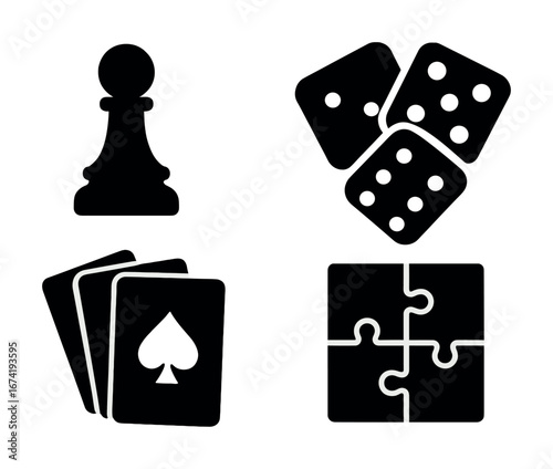 Board game icons: chess pawn, dice, playing cards, puzzle piece silhouettes