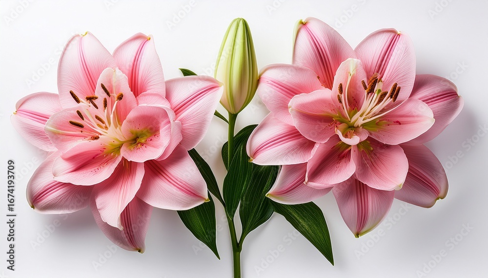 Fototapeta premium double pink lily flowers shown on white
