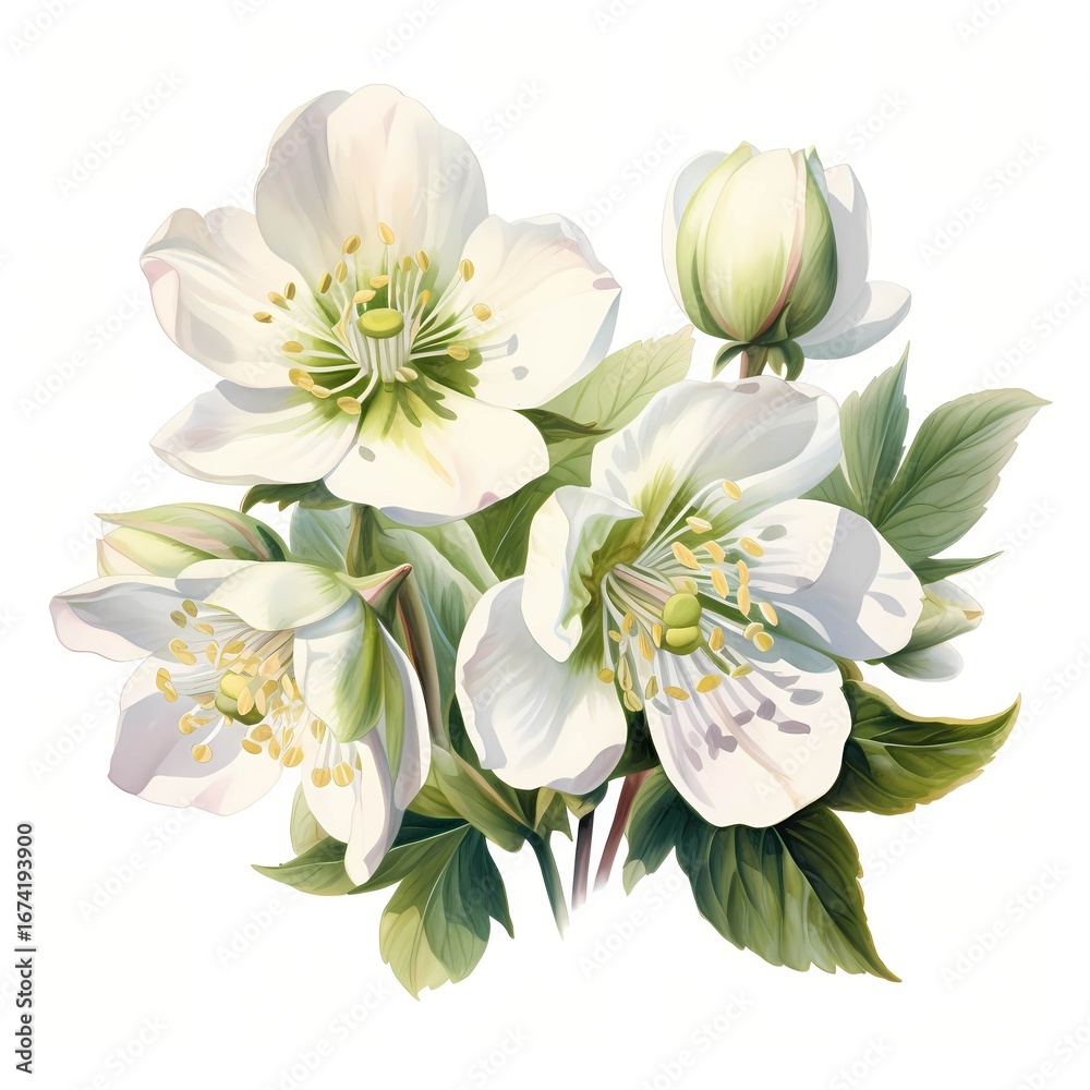 Obraz premium The illustration shows a cluster of pristine white hellebore flowers with vibrant green leaves, meticulously detailed in a realistic style.