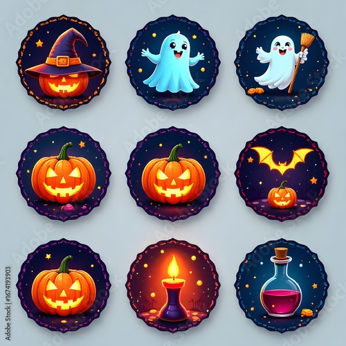 Halloween 3D icons set with pumpkin lanterns, spooky ghost, witch hat, bat, broomstick, candle, potion, festive clipart collection