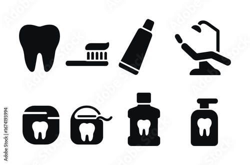 Dental care icons: toothbrush, toothpaste, floss, mouthwash, dental chair