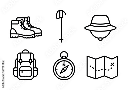 Outdoor adventure essentials: hiking boots, walking stick, hat, backpack, compass, map icons