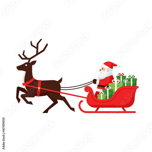 Santa Claus Riding Sleigh Pulled by Reindeer with Gifts