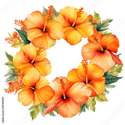 Wallpaper Mural The illustration shows a watercolor painting of eight orange hibiscus flowers arranged in a circular wreath with green leaves, isolated on white background. Torontodigital.ca