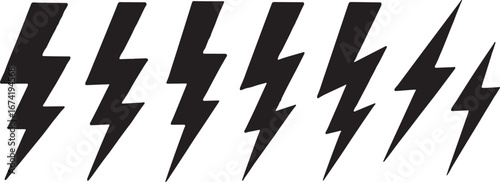 Row of seven black lightning bolt icons on a white background thunder storm