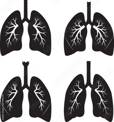 Four black silhouettes of human lungs silhouette