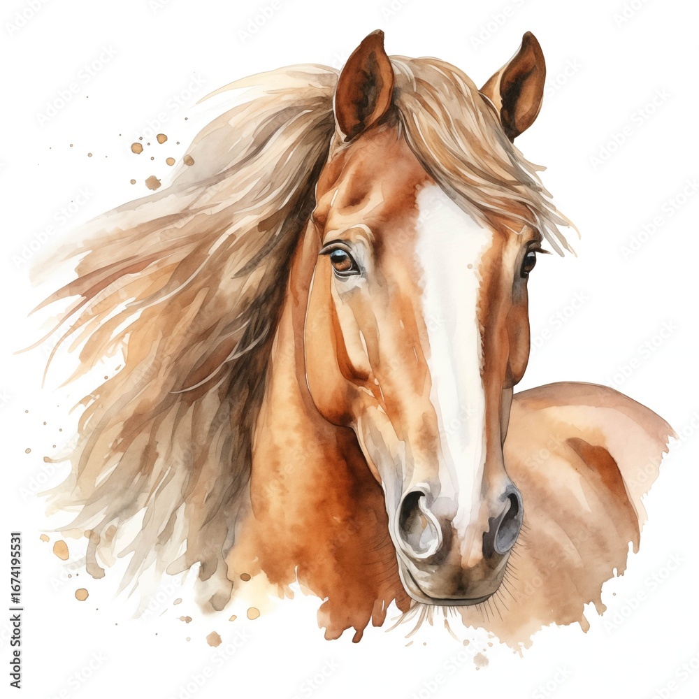 Fototapeta premium The watercolor painting shows a close-up of a horse's head, its coat is a rich chestnut color, and its mane is long and flowing.