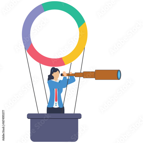 A businesswoman in a balloon looks through a telescope, with a pie chart, isolated on adobe illustration 