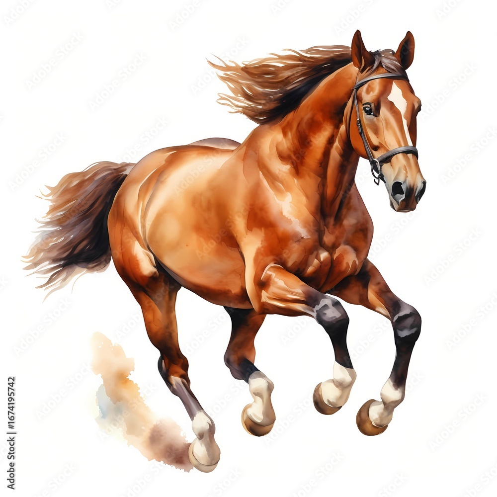 Obraz premium A watercolor painting depicts a chestnut horse with a long flowing mane and tail running at full speed against a white background.