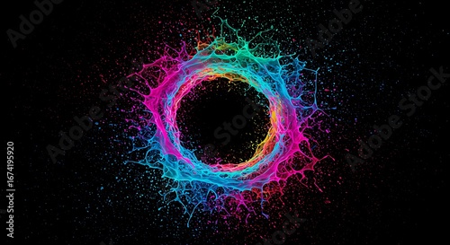 Dynamic explosion of vibrant multicolored paint powder creating a circular splash frame. An abstract concept of a cosmic portal or energy vortex