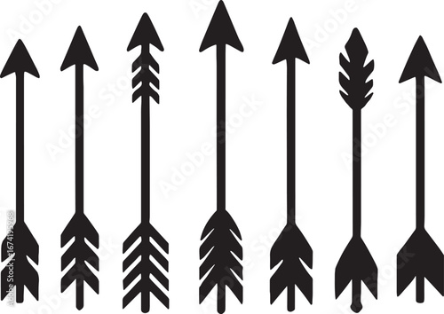 Six black tribal arrow icons with feather fletching on white background arrows native american