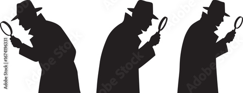 Three detectives in silhouette examining with magnifying glasses