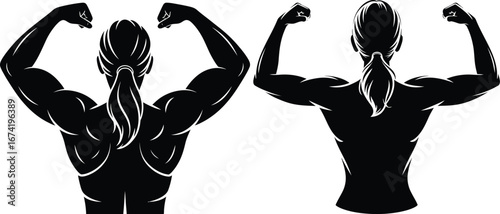 Muscular Woman Flexing Biceps Silhouette Back View female fitness