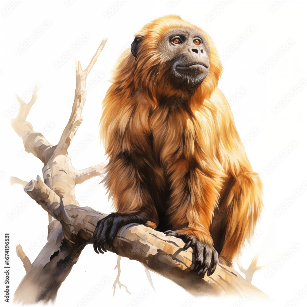 Obraz premium A realistic illustration depicts a monkey with golden fur sitting on a tree branch, its gaze directed upward, set against a stark white backdrop.