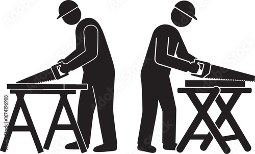 Two carpenters sawing wood on sawhorses silhouette