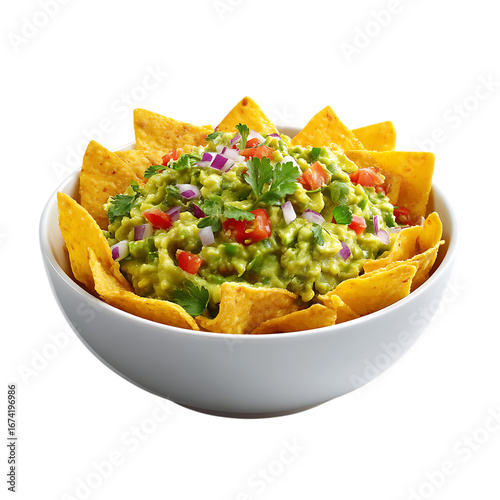 Fresh guacamole dip with tortilla chips isolated on transparent background