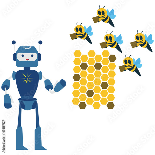 A helpful robot tends to a busy beehive, ensuring a sweet honey harvest, isolated on adobe illustration