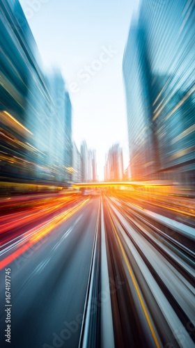 An abstract urban transit scene with motion streaks, capturing dynamic city energy.
