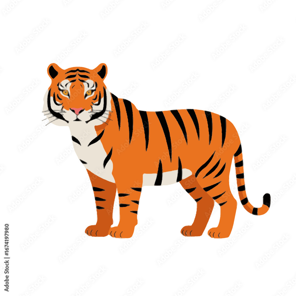 Obraz premium Cartoon Tiger Illustration on White Background, Orange Stripes and Black Lines