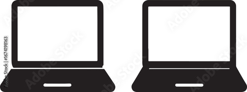 Two black silhouette icons of open laptops with blank white screens on a white background computer