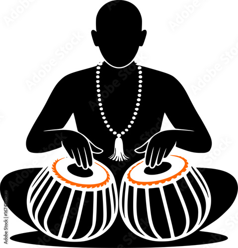 Tabla player silhouette vector illustration, Indian musician playing traditional drums, black solid design isolated on white background