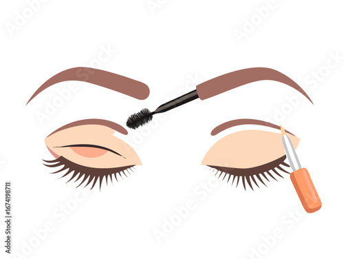 Female open eye close up. Eye makeup for eyebrows and eyelashes. Eyeshadow and powder brush next to her .iCON
