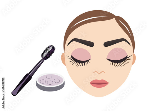 Female open eye close up. Eye makeup for eyebrows and eyelashes. Eyeshadow and powder brush next to her .iCON
