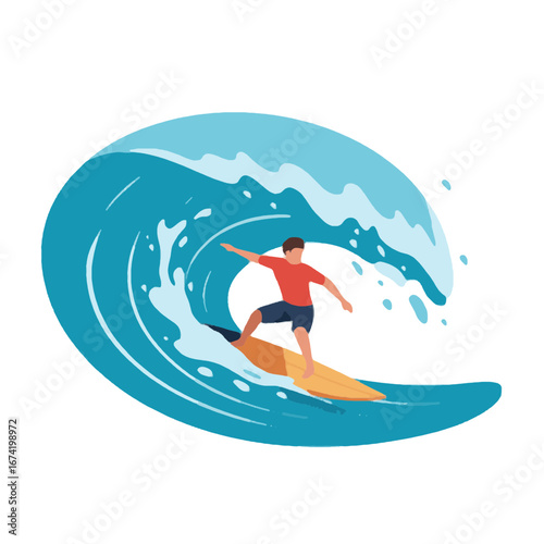 Surfer riding a wave on a surfboard illustration, ocean sports concept