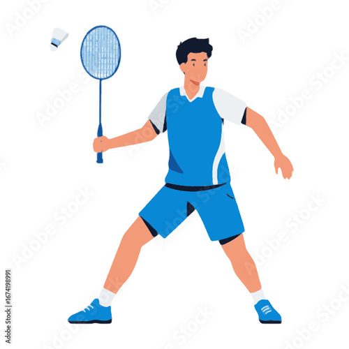 Badminton player in action, holding racket, ready to hit the shuttlecock
