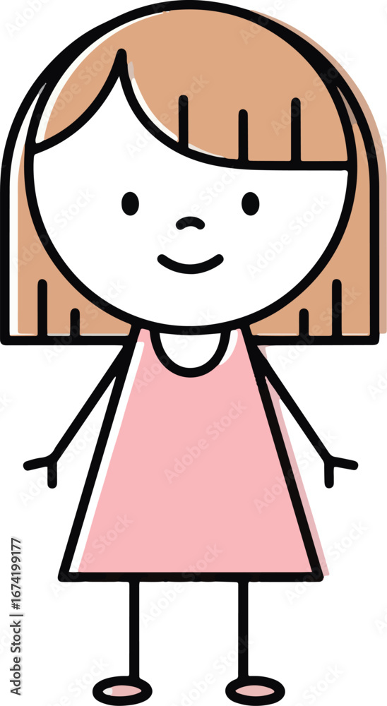 Fototapeta premium A cartoon girl with short brown hair, wearing a pink dress, standing against a white background.