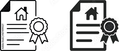 Two stylized icons of a document with a house symbol and a rosette seal indicating approval or certification