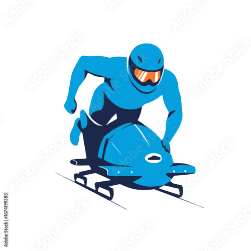 Bobsled Athlete Racing Down Ice Track with Helmet and Protective Gear