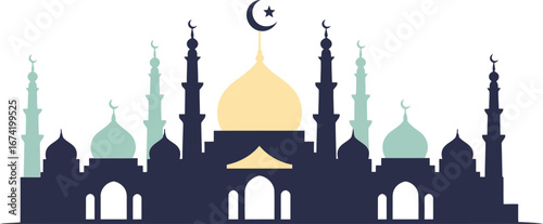Stylized islamic mosque silhouette with golden dome and crescent moon against a white background
