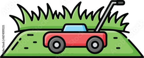 A red car driving on a grassy hill with a lawn mower in the background.