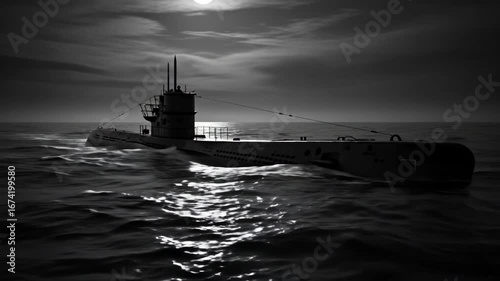 WWII Submarine Stealth Mission - A black and white video depicting a World War II-era submarine moving silently across the ocean's surface under a dark, moonlit sky.