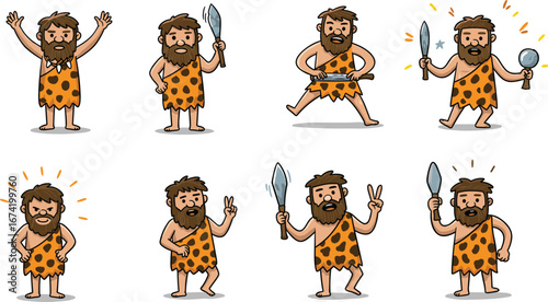 Cartoon caveman character set with weapons and tools, different poses and emotions, prehistoric man vector illustration, tribal costume clipart.
