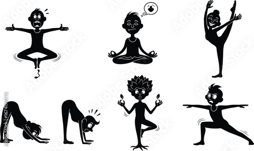 Funny yoga cartoon vector set, meditation and pose illustrations, exercise character clipart, stretching silhouette design, wellness fitness graphics