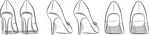 High heel shoes technical sketch, women's footwear design, side and top view, stiletto heels, fashion shoe illustration, vector drawing