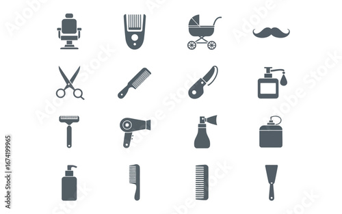 Barbershop and grooming tools icon set