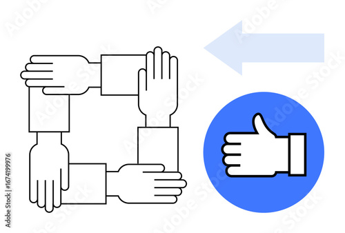 Four hands forming a square represent unity and collaboration, while a thumbs-up icon conveys approval. Ideal for teamwork, partnership, unity, success, collaboration, feedback, simple landing page
