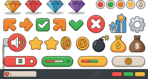 Cartoon game UI elements, colorful icons, gems, coins, buttons, stars, arrows, money, bomb, progress bars, settings, rewards