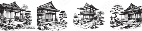 Discover serene Japanese architecture with peaceful gardens in this monochrome collection, find tranquility now