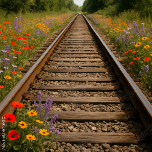  AI-Generated image of a railway track running through the countryside, bordered by colorful wildflowers.
