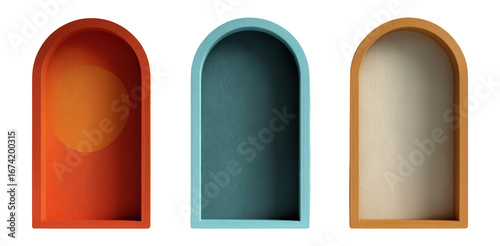 Colorful Arch Shelves with Unique Designs on Transparent Background